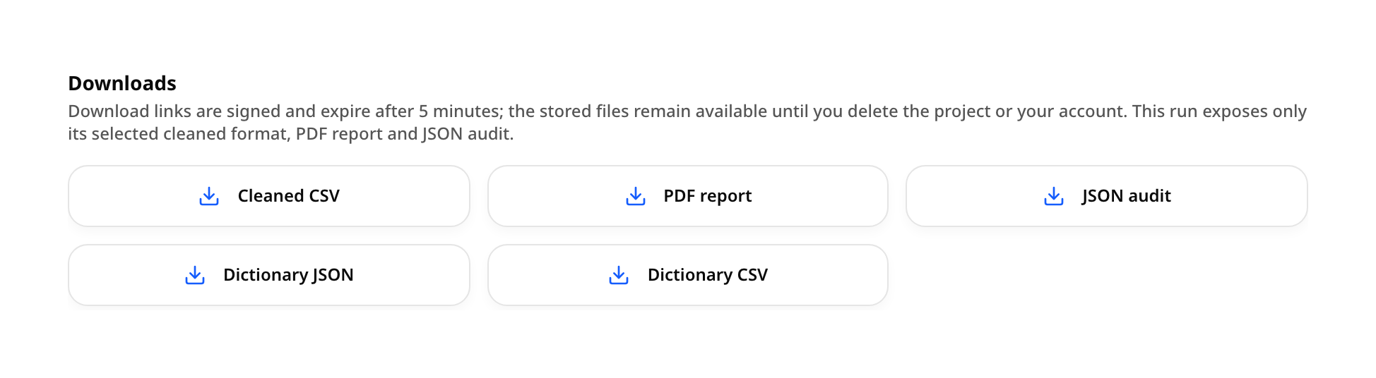 TidyX download panel with the cleaned CSV, PDF report, JSON audit and data dictionary exports.