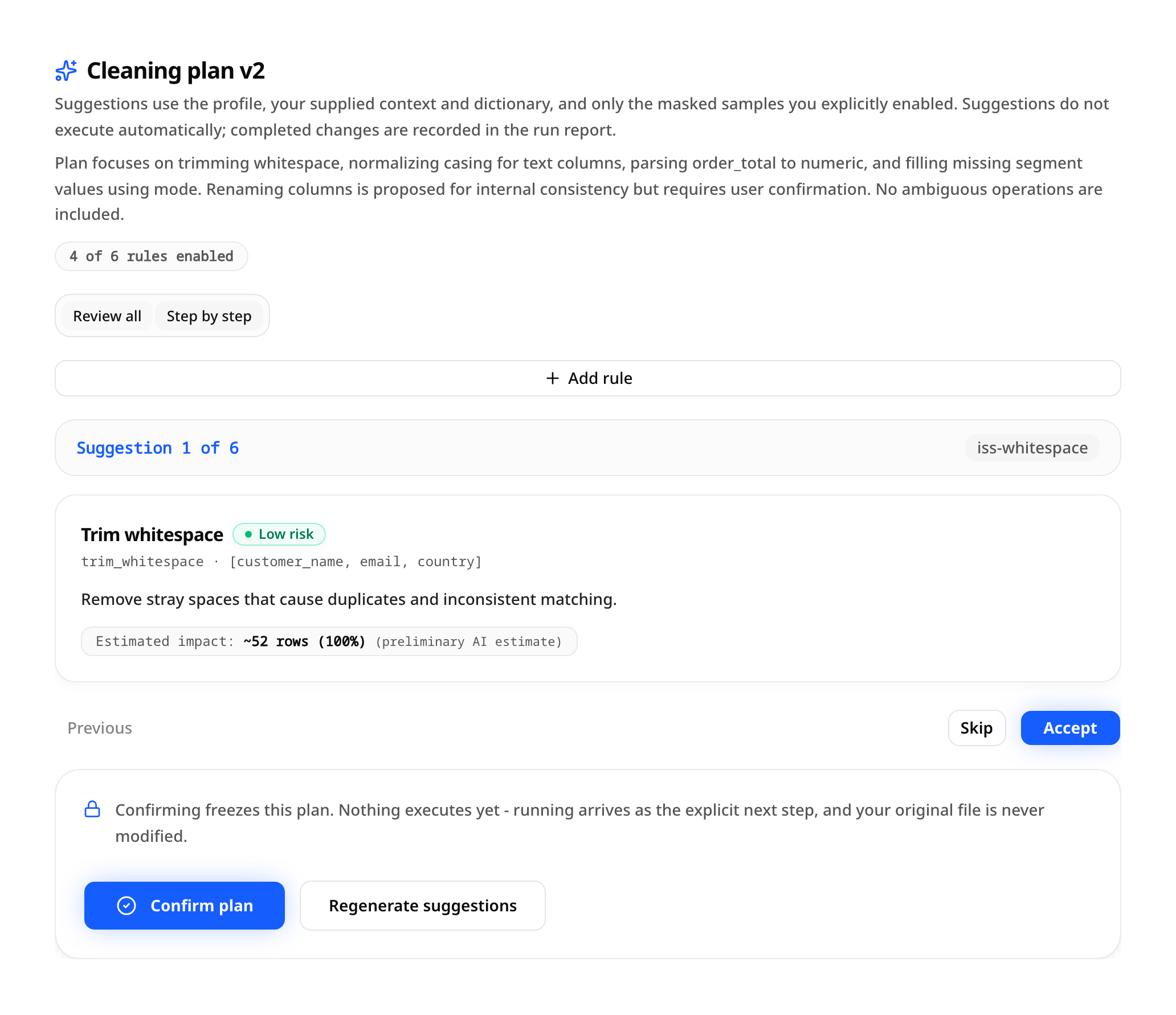 TidyX rule review interface showing suggested cleaning operations, risk levels and controls to edit or approve each rule.
